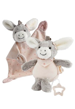 Soft grey and cream donkey plush with a matching pink and floral blanket, featuring a star-shaped teether attached by a string.
