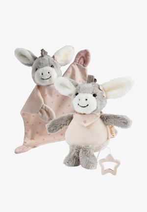 Soft grey and cream donkey plush with a matching pink and floral blanket, featuring a star-shaped teether attached by a string.