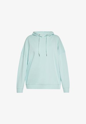 Világoskék, túlságosan nagy kapucnis pulóver elülső zsebbe, állítható húzózsinórral ellátott kapucnival, bordázott mandzsettákkal és szegéllyel, puha, rugalmas anyagból készült.