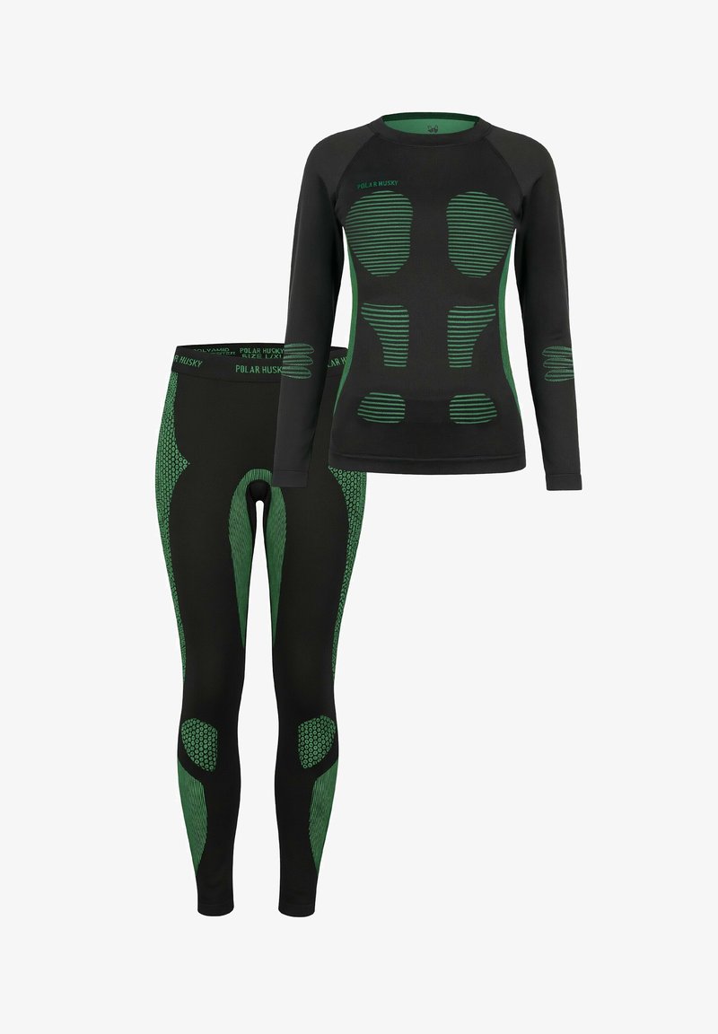 Schwarzes Langarmoberteil und Leggings mit grünen Akzenten und strukturierten Mustern, in enganliegendem Design für aktive Bewegungen.