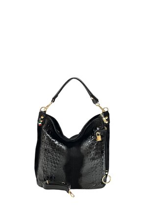 Black leather handbag with crocodile texture, a single handle, gold zipper, clasp, and an Italian flag detail on the side.
