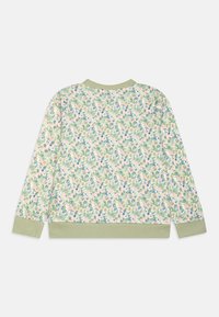 Suéter de manga larga con estampado floral en tonos pastel de verde, rosa y azul, con puños, dobladillo y cuello de canalé en verde claro.