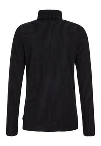 Schwarzer gerippter Pullover mit hohem Kragen und langen Ärmeln. Besitzt einen strukturierten Stoff mit vertikalen Streifen und einer schmalen Silhouette.