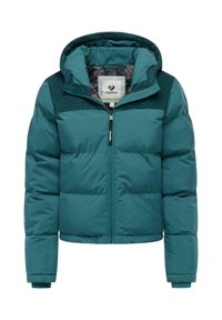 Teal puffjakke med glidelåslukking, hette og teksturerte skulderpaneler. Har elastiske mansjetter og et mykt indre fôr.