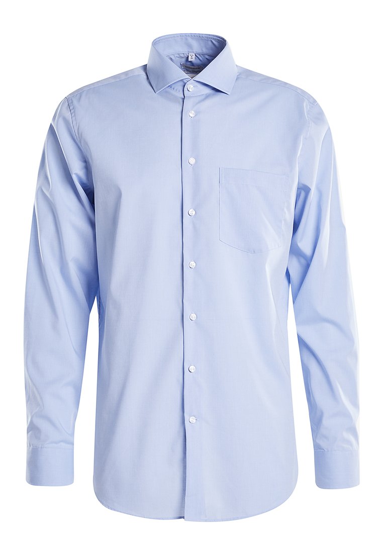 Hellblaues, langärmeliges Hemd aus Baumwolle mit durchgehender Knopfleiste, einem spitzen Kragen und einer Brusttasche.