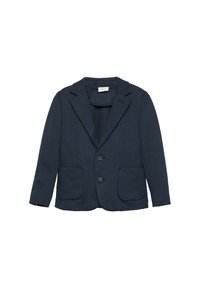 Granatowy blazer wykonany z fakturowanej tkaniny, z wyłamiącym kołnierzem, dwiema przednimi kieszeniami i dwoma guzikami. Minimalistyczny design z czystymi liniami.