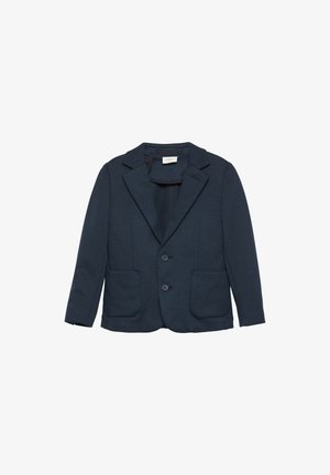 Granatowy blazer wykonany z fakturowanej tkaniny, z wyłamiącym kołnierzem, dwiema przednimi kieszeniami i dwoma guzikami. Minimalistyczny design z czystymi liniami.
