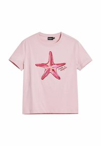 Pink cotton t-shirt featuring a vibrant pink starfish graphic with a textured surface and the phrase "Summer in Portugal" below.