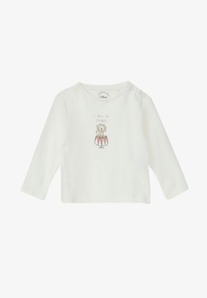Weißes Langarmshirt aus Baumwolle mit einer Illustration eines Löwen auf einem rot-weißen Zirkusfass und dem Text „Ich glaube an MAGIE.“