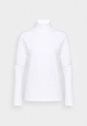 Weißes Langarm-Turtleneck-Oberteil aus glattem Stoff, mit tailliertem Schnitt und hohem Kragen. Schlichter, minimalistischer Stil ohne sichtbare Muster.