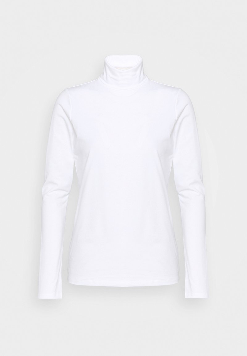 Haut à manches longues blanc en turtleneck, fabriqué en tissu lisse, présentant un design ajusté et un col montant. Style simple et minimaliste sans motifs visibles.
