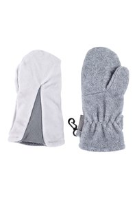 Fleece-Handschuhe in Hellgrau und Dunkelgrau. Der linke hat ein offenes Klappdesign; der rechte verfügt über ein gerafftes Bündchen und einen Clip zur Befestigung.