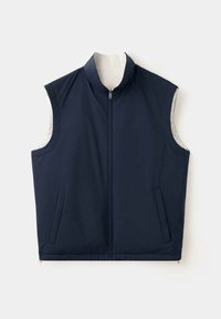 Veste sans manches bleu marine avec fermeture éclair à l'avant et deux poches latérales, présentée à plat sur fond blanc.