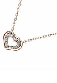 Collana a forma di cuore in oro rosa con un centro vuoto, circondata da piccoli oggetti brillanti trasparenti, attaccata a una delicata catena.