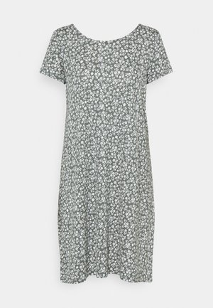 Kurzarmkleid aus grünem Stoff mit einem weißen Blumenmuster, mit einem runden Ausschnitt und einem lockeren, fließenden Schnitt.