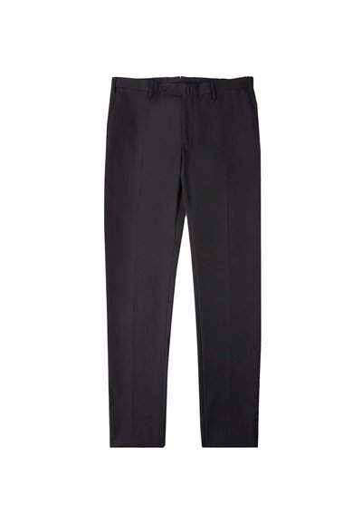 Pantalons noirs ajustés avec une coupe droite, fabriqués à partir d'un tissu lisse, dotés d'une fermeture à bouton et de passants de ceinture.