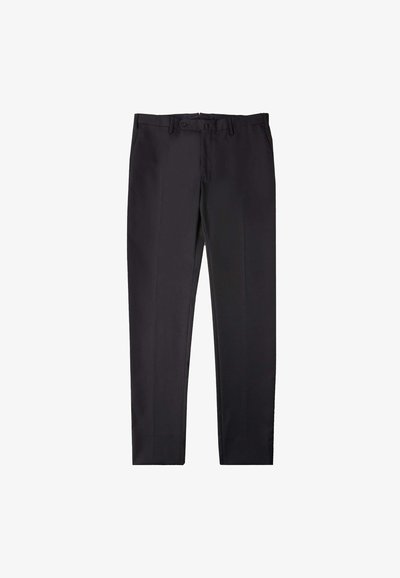 Pantalons noirs ajustés avec une coupe droite, fabriqués à partir d'un tissu lisse, dotés d'une fermeture à bouton et de passants de ceinture.