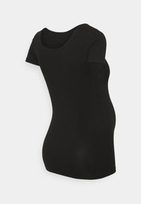 Svart ribbad kortärmad topp med rundad halsringning, figurnära design och slät textur, med en något rundad nederkant.