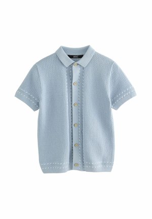 Cardigan corto azzurro chiaro a maniche corte con un motivo in maglia testurizzato, chiusura frontale con bottoni, colletto a polo e dettagli di cucitura a contrasto.