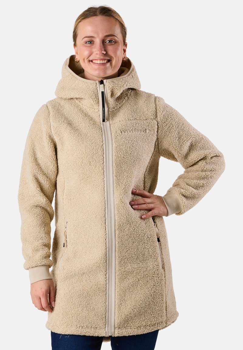 Beige fleece jack met capuchon, rits aan de voorkant en zijzakken. Features een zachte textuur en elastische manchetten, ontworpen voor warmte en comfort.
