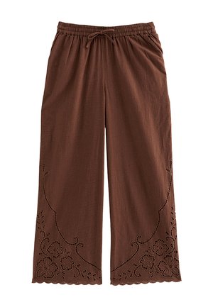 Bruine broek met wijde pijpen, elastische tailleband en trekkoord, voorzien van bloemrijke uitgesneden borduursels bij de gegolfde zoom.