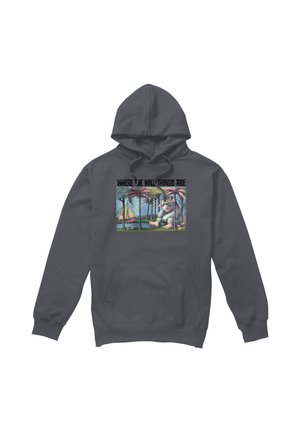 Dark gray hoodie with front pocket featuring an illustration of a creature sitting among trees and a sailboat with text "Where the Wild Things Are."