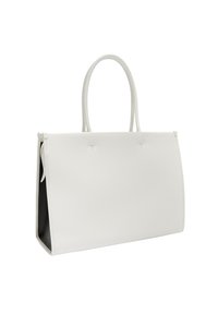 Sac fourre-tout en cuir blanc avec un design structuré, des côtés plats et des poignées doubles. L'intérieur présente une doublure noire contrastante. Accents minimalistes.