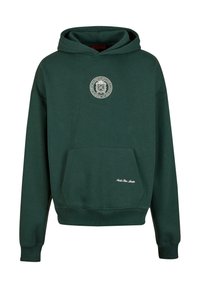 Zöld kapucnis pulóver, amely pamutból készült, elöl zsebbel, hímzett logo a mellkason, és bordázott mandzsetta és alsó szegély.
