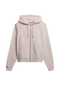 Lichtroze zip-up hoodie van zachte stof. Bevat een capuchon met trekkoord, kangoeroezakken en geribbelde manchetten. Minimalistische branding op de borst.