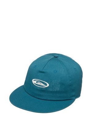 Teal blue baseball cap with a flat brim and a white oval logo on the front panel against a white background.