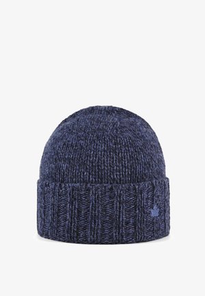 Gorro de punto azul marino con puño acanalado. Confeccionado con hilo texturizado, presenta un sutil diseño bordado en el lateral. Forma clásica y redondeada.