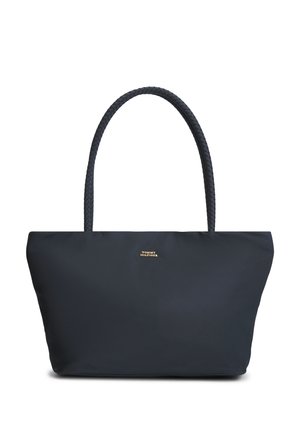 Sort rektangulær tote-taske med flettede håndtag og lille gyldent "Tommy Hilfiger"-logo centreret foran.