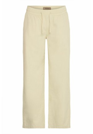 Pantaloni in misto lino di un giallo chiaro con vita elasticizzata, cordoncino regolabile e gamba ampia. Tessuto liscio, senza motivi visibili.