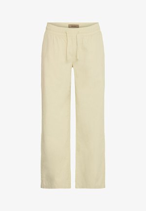 Helle gelbe Leinenmischungshose mit elastischem Bund, verstellbarem Kordelzug und weitem Beinanschnitt. Glatte Textur, keine sichtbaren Muster.
