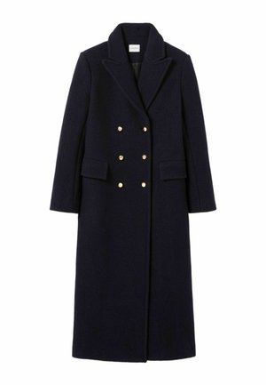Cappotto lungo in misto lana blu navy con rever a punta, design doppiopetto, dettagli con bottoni dorati e due tasche frontali.