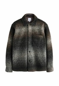Filcowana wełniana koszula-kurtka w ciemnobrązowym, szarym i kremowym wzorze ombre, z kołnierzykiem, zapięciem na guziki oraz pojedynczą kieszenią na piersi.