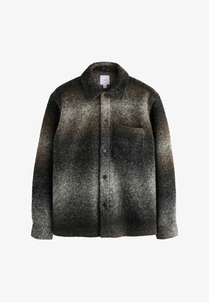 Plstená vlnená košeľa s bundou v tmavo hnedej, sivej a krémovej ombré vzore, s golierom, zapínaním na gombíky a jednou náprsníkou.