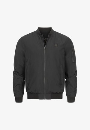 Svart bomberjakke laget av glatt stoff, med glidelås foran, ribbede mansjetter og vått, samt en glidelåslomme på ermet.