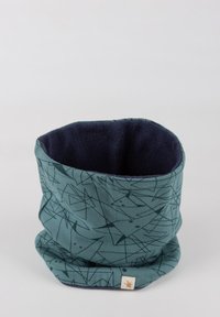 Cowl neck warmer in teal with geometric black patterns; soft fleece interior in dark navy; features a small logo tag.