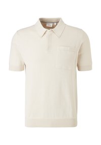 Polo beige à manches courtes avec col, patte de boutonnage à moitié ouverte et poche poitrine, en tissu tricoté.