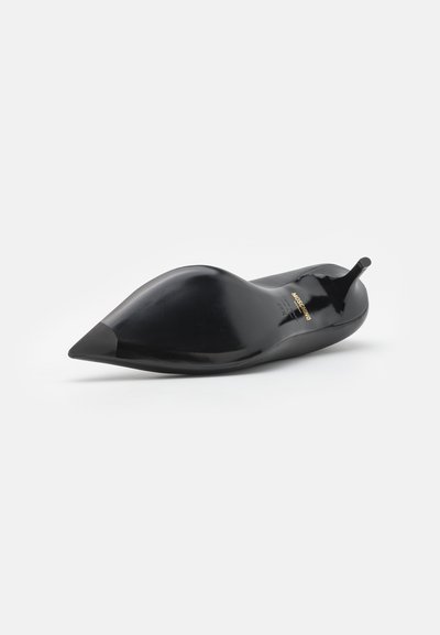 Pantofii cu toc înalt din piele patent neagră, cu vârful ascuțit și suprafață netedă și elegantă, având un toc mic și un brand subtil pe lateral.