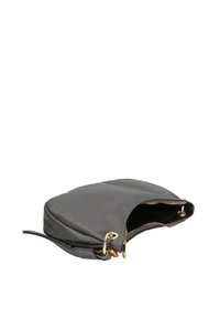 Grijze leren tas met een ronde vorm, gouden rits en metalen hardware. De binnenkant is zichtbaar en toont een gestructureerd ontwerp.