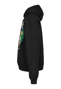 Zwarte hoodie met een kangoeroezak; heeft een kleurrijke graphic aan de voorkant, ribbelboorden en een ribbelzoom; zachte stof en een losse pasvorm.