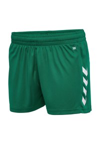 Gröna sportshorts i lättviktsmaterial, med elastiskt midjeband och vita chevron-accenter på sidorna.