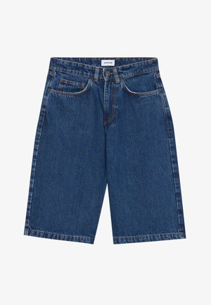 Donkerblauwe denim shorts met een vijf-pocket ontwerp, rechte pasvorm en zichtbare stiksels. Glad textuur en een middenhoge taille.