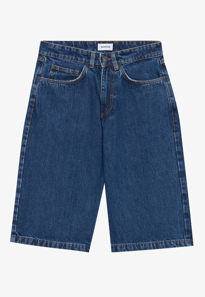Donkerblauwe denim shorts met een vijf-pocket ontwerp, rechte pasvorm en zichtbare stiksels. Glad textuur en een middenhoge taille.