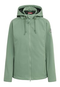 Groene softshell jas met een ritssluiting, verstelbare capuchon en trekkoorden. Beschikt over een logopatch op de mouw en een zachte textuur.