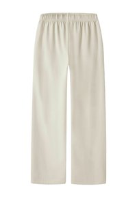 Bež široke hlače s elastičnim pasom, gladkim materialom in ravnim robom, nameščene ravno na belem ozadju.