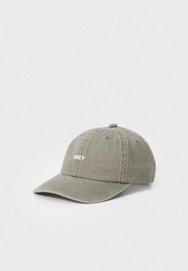 Olive green cotton baseball cap with curved brim, stitched detailing, and front embroidery reading "OBEY." Adjustable back strap.