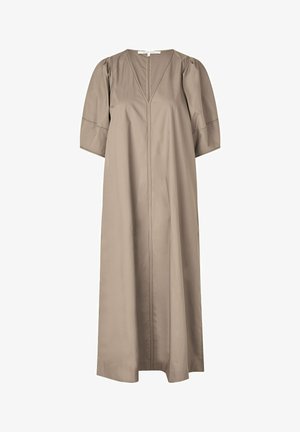 Korte jurk met pofmouwen in licht taupe katoen, met een V-hals en een centrale naad voor structuur. Glad textuur met een minimalistisch ontwerp.
